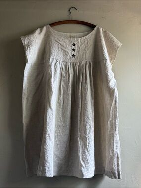 Natural Linen Mini Dress with Star Embroidery